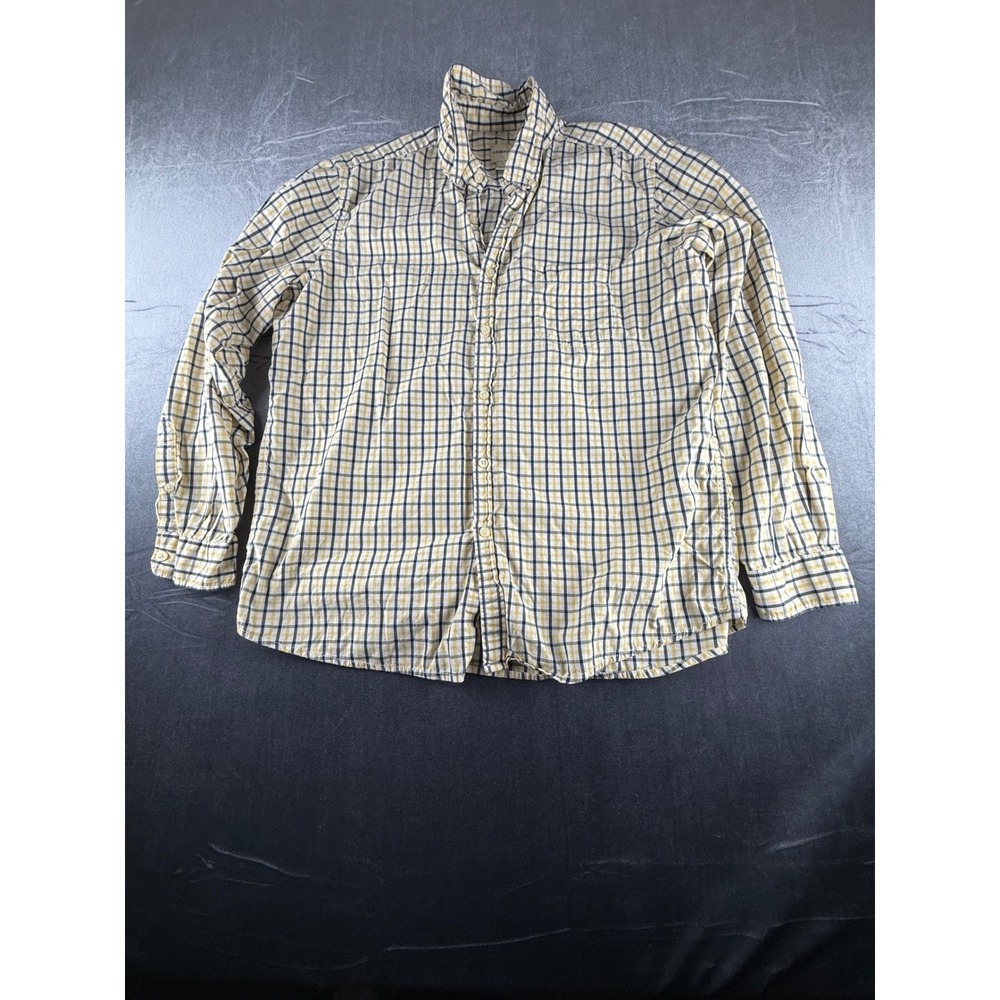 GH Bass Mens Large Yellow Navy Blue Plaid Button Down Long Sleeve Cotton Shirt